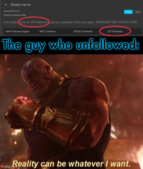 The guy who unfollowed: | image tagged in thanos reality can be whatever i want | made w/ Imgflip meme maker
