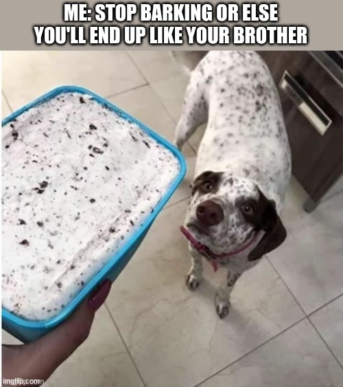 I love dogs but sometimes, you must threaten them with the Ice Cream | ME: STOP BARKING OR ELSE YOU'LL END UP LIKE YOUR BROTHER | image tagged in dog,this ice cream tastes like your soul,doggo | made w/ Imgflip meme maker