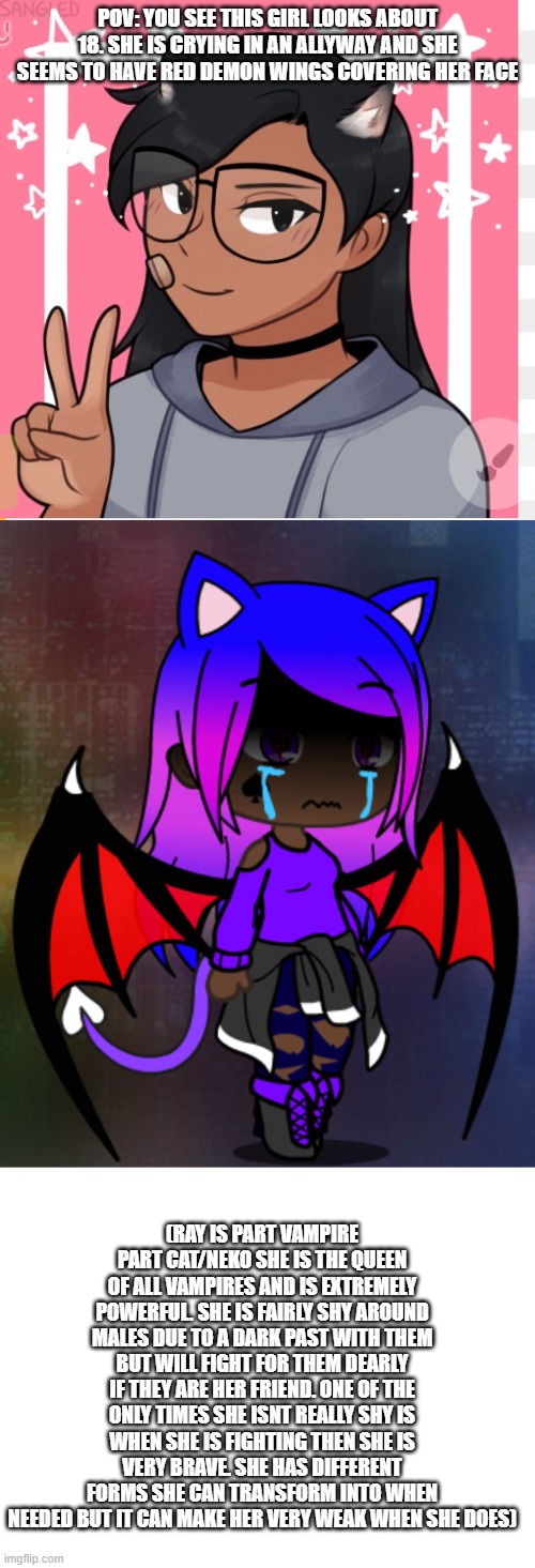 POV: YOU SEE THIS GIRL LOOKS ABOUT 18. SHE IS CRYING IN AN ALLYWAY AND SHE SEEMS TO HAVE RED DEMON WINGS COVERING HER FACE; (RAY IS PART VAMPIRE PART CAT/NEKO SHE IS THE QUEEN OF ALL VAMPIRES AND IS EXTREMELY POWERFUL. SHE IS FAIRLY SHY AROUND MALES DUE TO A DARK PAST WITH THEM BUT WILL FIGHT FOR THEM DEARLY IF THEY ARE HER FRIEND. ONE OF THE ONLY TIMES SHE ISNT REALLY SHY IS WHEN SHE IS FIGHTING THEN SHE IS VERY BRAVE. SHE HAS DIFFERENT FORMS SHE CAN TRANSFORM INTO WHEN NEEDED BUT IT CAN MAKE HER VERY WEAK WHEN SHE DOES) | image tagged in blank white template | made w/ Imgflip meme maker