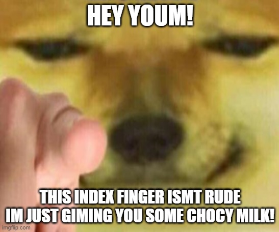 have some chocy milk because your astonishing like a star |  HEY YOUM! THIS INDEX FINGER ISMT RUDE IM JUST GIMING YOU SOME CHOCY MILK! | image tagged in cheems pointing at you | made w/ Imgflip meme maker