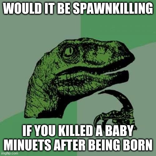 hol up | WOULD IT BE SPAWNKILLING; IF YOU KILLED A BABY MINUETS AFTER BEING BORN | image tagged in memes,philosoraptor | made w/ Imgflip meme maker