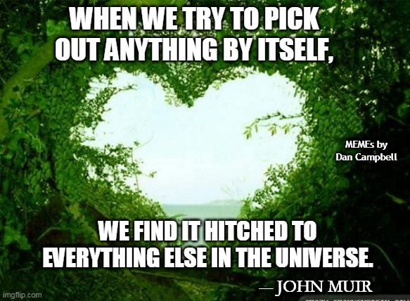 nature heart | WHEN WE TRY TO PICK OUT ANYTHING BY ITSELF, MEMEs by Dan Campbell; WE FIND IT HITCHED TO EVERYTHING ELSE IN THE UNIVERSE. ― JOHN MUIR | image tagged in nature heart | made w/ Imgflip meme maker
