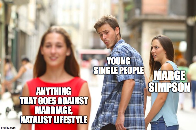 Distracted Boyfriend | YOUNG SINGLE PEOPLE; MARGE SIMPSON; ANYTHING THAT GOES AGAINST MARRIAGE, NATALIST LIFESTYLE | image tagged in memes,distracted boyfriend | made w/ Imgflip meme maker