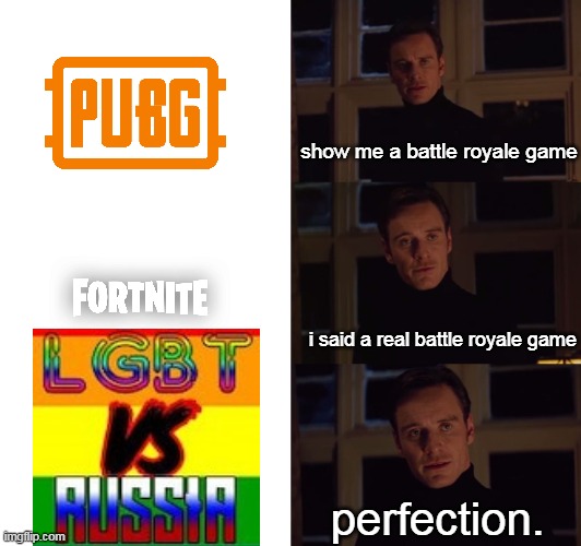 perfection. | show me a battle royale game; i said a real battle royale game; perfection. | image tagged in perfection | made w/ Imgflip meme maker