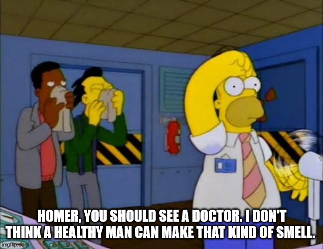 Homer Doctor | HOMER, YOU SHOULD SEE A DOCTOR. I DON'T THINK A HEALTHY MAN CAN MAKE THAT KIND OF SMELL. | image tagged in homer simpson | made w/ Imgflip meme maker