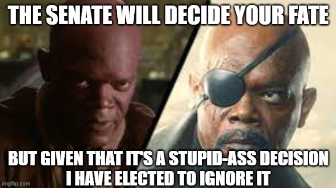 THE SENATE WILL DECIDE YOUR FATE; BUT GIVEN THAT IT'S A STUPID-ASS DECISION
I HAVE ELECTED TO IGNORE IT | made w/ Imgflip meme maker