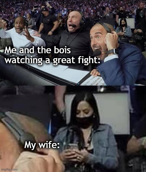 What Happened? |  Me and the bois watching a great fight:; My wife: | image tagged in joe rogan,fight,ufc,wife,texting | made w/ Imgflip meme maker