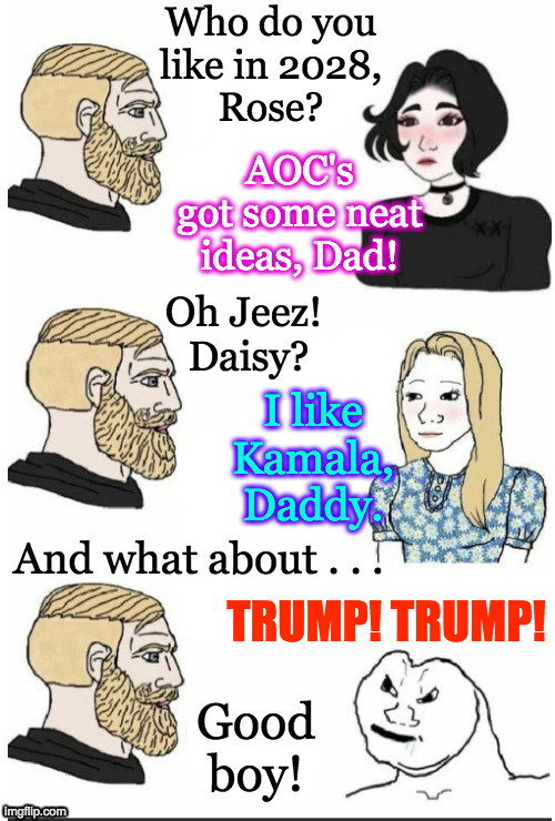 Keep your kids away from construction sites and they'll turn out fine  ( : | Who do you
like in 2028,
Rose? AOC's
got some neat
ideas, Dad! Oh Jeez!  Daisy? I like Kamala, Daddy. And what about . . . TRUMP! TRUMP! Good boy! | image tagged in hey brick no text,memes,2028 election,trump,aoc,kamala harris | made w/ Imgflip meme maker
