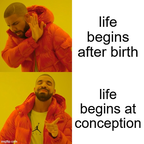 With any other life form, this is the general consensus. Unfortunately, with human life, it isn't for some reason. | life begins after birth; life begins at conception | image tagged in memes,drake hotline bling | made w/ Imgflip meme maker