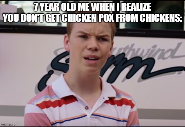 You Guys are Getting Paid |  7 YEAR OLD ME WHEN I REALIZE YOU DON'T GET CHICKEN POX FROM CHICKENS: | image tagged in you guys are getting paid | made w/ Imgflip meme maker