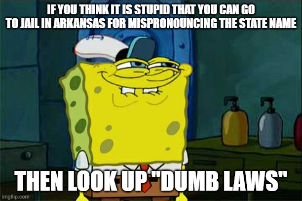 Don't You Squidward | IF YOU THINK IT IS STUPID THAT YOU CAN GO TO JAIL IN ARKANSAS FOR MISPRONOUNCING THE STATE NAME; THEN LOOK UP "DUMB LAWS" | image tagged in memes,don't you squidward | made w/ Imgflip meme maker