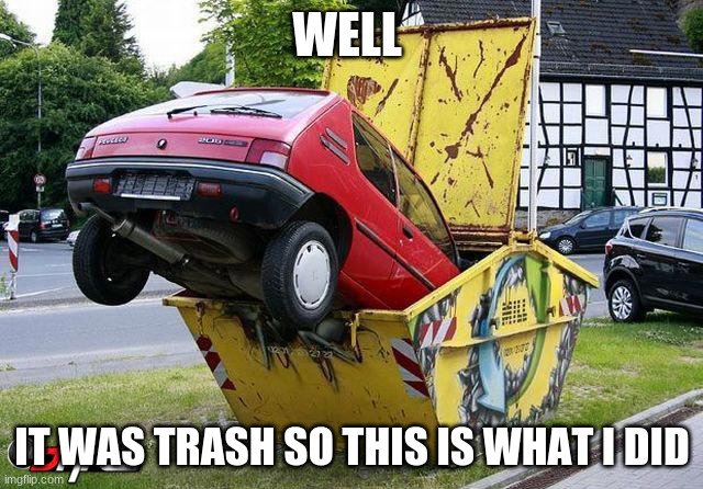funny car crash | WELL; IT WAS TRASH SO THIS IS WHAT I DID | image tagged in funny car crash | made w/ Imgflip meme maker