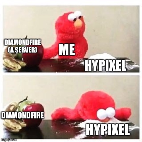 elmo cocaine | DIAMONDFIRE (A SERVER); ME; HYPIXEL; DIAMONDFIRE; HYPIXEL | image tagged in elmo cocaine | made w/ Imgflip meme maker