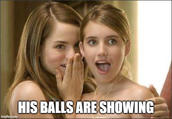 Girls gossiping | HIS BALLS ARE SHOWING | image tagged in girls gossiping | made w/ Imgflip meme maker