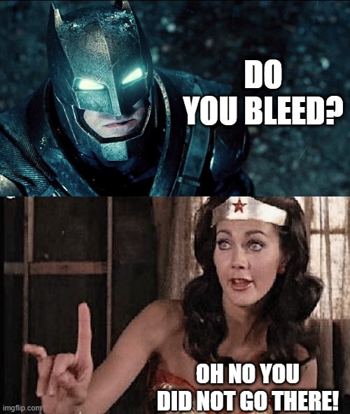 Menstral? | DO YOU BLEED? OH NO YOU DID NOT GO THERE! | image tagged in do you bleed- batman v superman,wonder woman oh no he di int | made w/ Imgflip meme maker