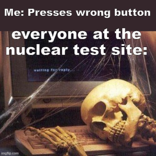 Dead Skeleton | Me: Presses wrong button; everyone at the nuclear test site: | image tagged in dead skeleton | made w/ Imgflip meme maker