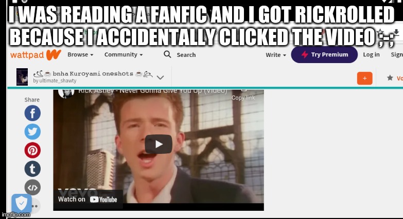 noooooo | I WAS READING A FANFIC AND I GOT RICKROLLED BECAUSE I ACCIDENTALLY CLICKED THE VIDEO ;-; | made w/ Imgflip meme maker