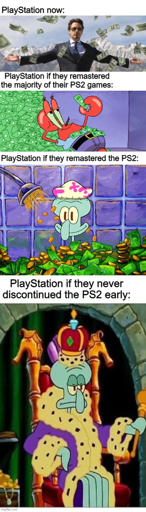 PlayStation and the PS2 | PlayStation now:; PlayStation if they remastered the majority of their PS2 games:; PlayStation if they remastered the PS2:; PlayStation if they never discontinued the PS2 early: | image tagged in ps2,playstation,video games,videogames,gaming,games | made w/ Imgflip meme maker