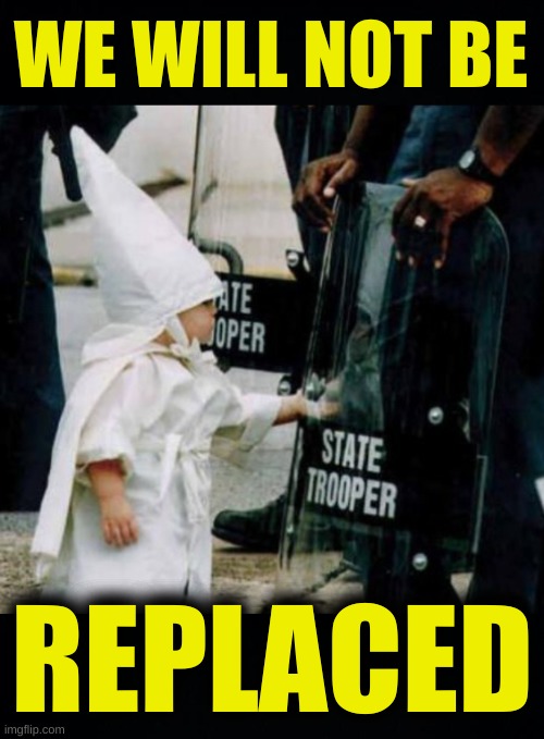 WWNBR, WWG1WGA | WE WILL NOT BE; REPLACED | image tagged in kkk baby we will not be replaced,qanon,white nationalism,white power,conservative hypocrisy,wwnbr | made w/ Imgflip meme maker