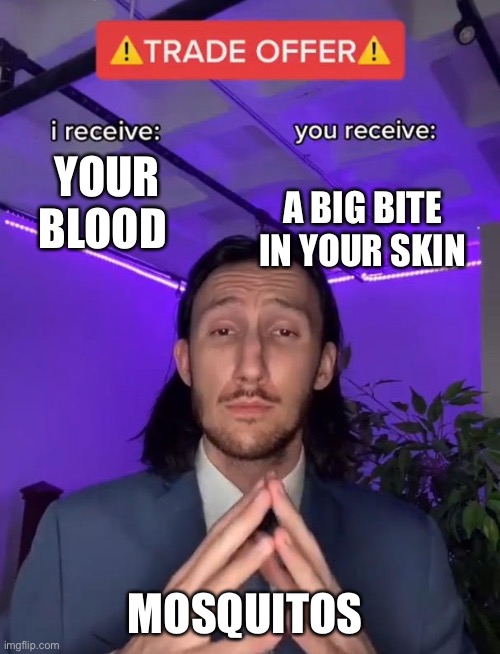 Trade Offer | A BIG BITE IN YOUR SKIN; YOUR BLOOD; MOSQUITOS | image tagged in trade offer | made w/ Imgflip meme maker