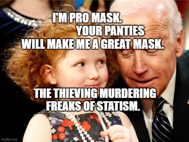Creepy joe Biden | I'M PRO MASK.                      YOUR PANTIES WILL MAKE ME A GREAT MASK. THE THIEVING MURDERING FREAKS OF STATISM. | image tagged in creepy joe biden | made w/ Imgflip meme maker