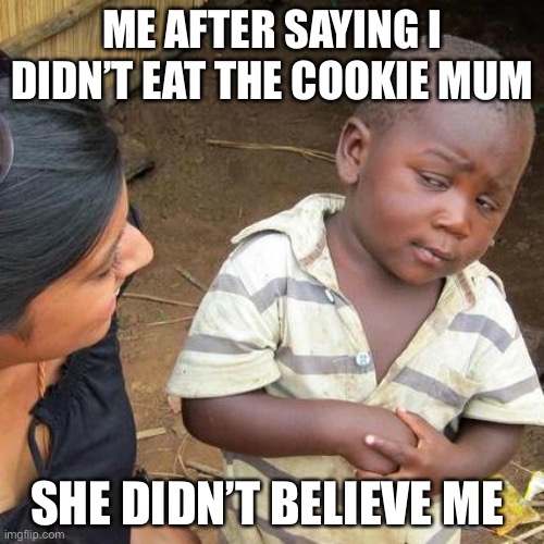 Third World Skeptical Kid Meme | ME AFTER SAYING I DIDN’T EAT THE COOKIE MUM; SHE DIDN’T BELIEVE ME | image tagged in memes,third world skeptical kid | made w/ Imgflip meme maker