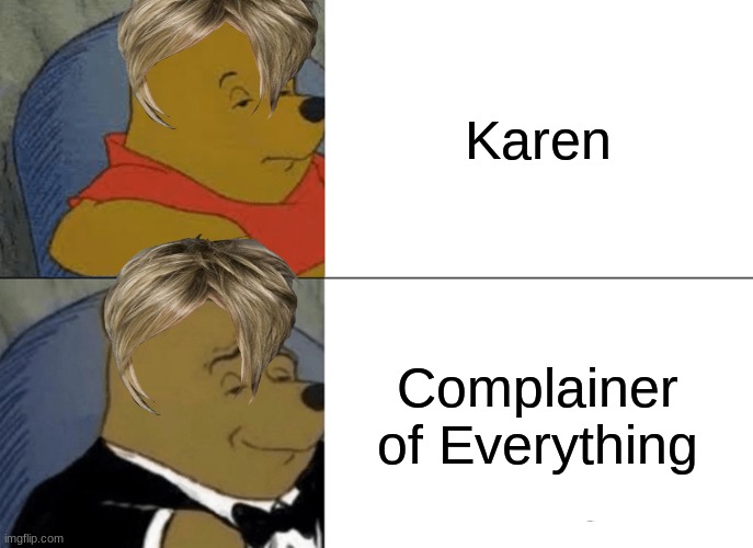 Tuxedo Winnie The Pooh | Karen; Complainer of Everything | image tagged in memes,tuxedo winnie the pooh | made w/ Imgflip meme maker