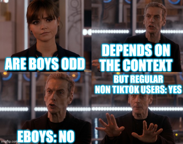 Lol nothing against tik tok but some boys are just ugh | DEPENDS ON THE CONTEXT; ARE BOYS ODD; BUT REGULAR NON TIKTOK USERS: YES; EBOYS: NO | image tagged in depends on the context | made w/ Imgflip meme maker