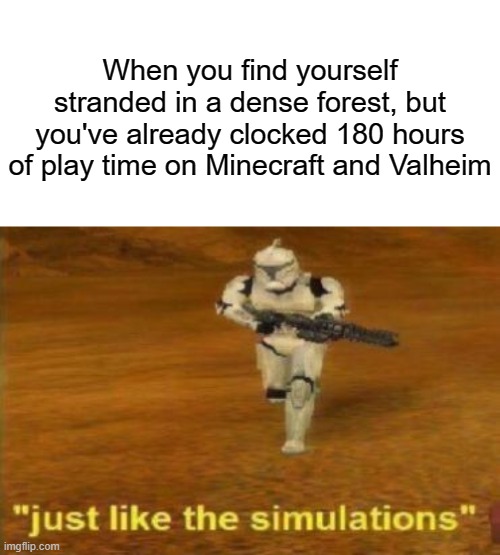 luckily I play a lot of survival games |  When you find yourself stranded in a dense forest, but you've already clocked 180 hours of play time on Minecraft and Valheim | image tagged in just like the simulations,memes,funny,survival,stop reading these tags | made w/ Imgflip meme maker