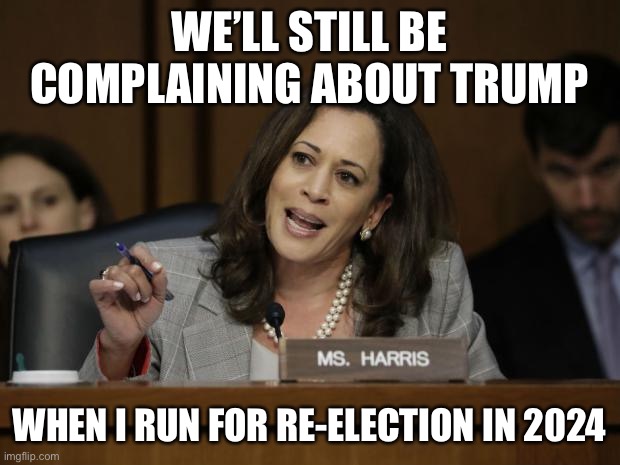 Kamala Harris | WE’LL STILL BE COMPLAINING ABOUT TRUMP WHEN I RUN FOR RE-ELECTION IN 2024 | image tagged in kamala harris | made w/ Imgflip meme maker