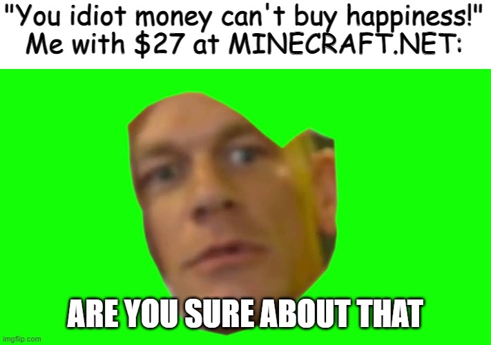 Pro | "You idiot money can't buy happiness!"
Me with $27 at MINECRAFT.NET:; ARE YOU SURE ABOUT THAT | image tagged in jon cena are you sure about that | made w/ Imgflip meme maker