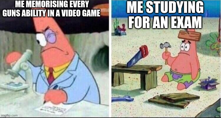 Smart Patrick Dumb Patrick | ME MEMORISING EVERY GUNS ABILITY IN A VIDEO GAME; ME STUDYING FOR AN EXAM | image tagged in smart patrick dumb patrick | made w/ Imgflip meme maker