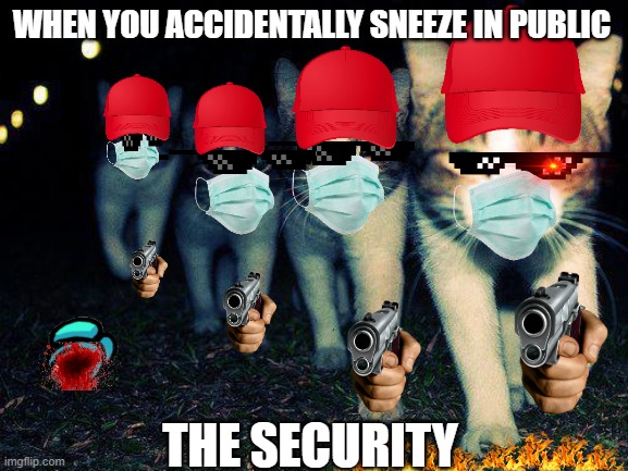 Wrong Neighboorhood Cats | WHEN YOU ACCIDENTALLY SNEEZE IN PUBLIC; THE SECURITY | image tagged in memes,wrong neighboorhood cats | made w/ Imgflip meme maker