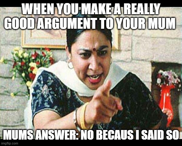 Angry Indian Mum  |  WHEN YOU MAKE A REALLY GOOD ARGUMENT TO YOUR MUM; MUMS ANSWER: NO BECAUS I SAID SO | image tagged in angry indian mum | made w/ Imgflip meme maker