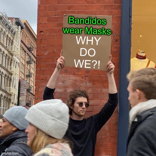 The Lone Ranger, Burglars, & Thieves      •      <neverwoke> | Bandidos wear Masks; WHY DO WE?! | image tagged in guy holding cardboard sign,im not the lone ranger,im not a burglar,im not a thief,i am healthy,why the diaper | made w/ Imgflip meme maker