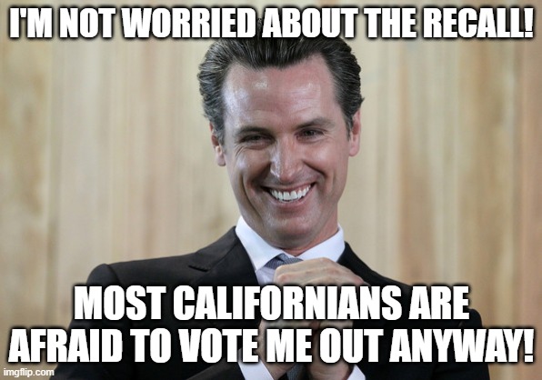Scheming Gavin Newsom  | I'M NOT WORRIED ABOUT THE RECALL! MOST CALIFORNIANS ARE AFRAID TO VOTE ME OUT ANYWAY! | image tagged in scheming gavin newsom | made w/ Imgflip meme maker