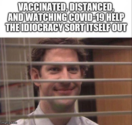 Goodbye covidiots | VACCINATED, DISTANCED, AND WATCHING COVID-19 HELP THE IDIOCRACY SORT ITSELF OUT | image tagged in jim halpert | made w/ Imgflip meme maker