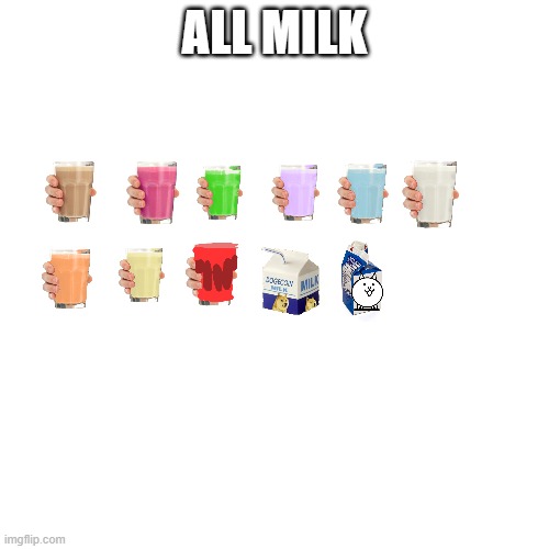 every milk i could possibly find in imgflip | ALL MILK | image tagged in memes,blank transparent square,choccy milk | made w/ Imgflip meme maker