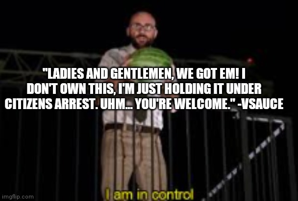 I am in control | "LADIES AND GENTLEMEN, WE GOT EM! I DON'T OWN THIS, I'M JUST HOLDING IT UNDER CITIZENS ARREST. UHM... YOU'RE WELCOME." -VSAUCE | image tagged in i am in control | made w/ Imgflip meme maker