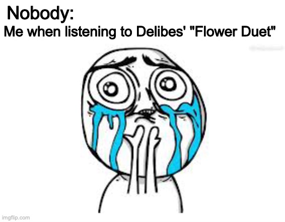 Who knows this piece? | Nobody:; Me when listening to Delibes' "Flower Duet" | image tagged in memes,crying because of cute,beautiful,classical music | made w/ Imgflip meme maker