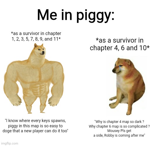 Tell me which map in piggy book 1 is hard for you ?? Tell me in the comments | Me in piggy:; *as a survivor in chapter 1, 2, 3, 5, 7, 8, 9, and 11*; *as a survivor in chapter 4, 6 and 10*; "I know where every keys spawns, piggy in this map is so easy to doge that a new player can do it too"; "Why is chapter 4 map so dark ?
Why chapter 6 map is so complicated ?
Mousey Pls get a side, Robby is coming after me" | image tagged in memes,buff doge vs cheems | made w/ Imgflip meme maker