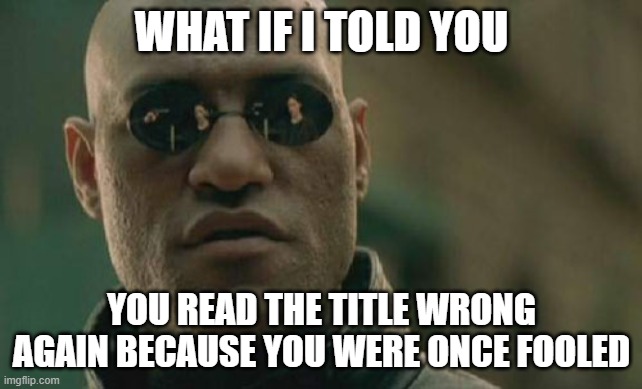You ok bud? | WHAT IF I TOLD YOU; YOU READ THE TITLE WRONG AGAIN BECAUSE YOU WERE ONCE FOOLED | image tagged in memes,matrix morpheus | made w/ Imgflip meme maker