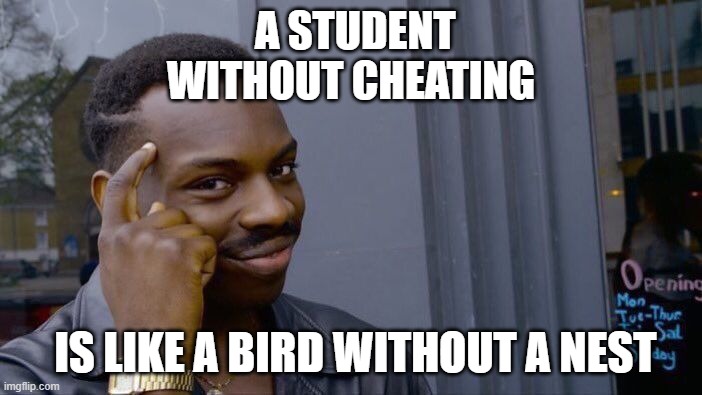 True... | A STUDENT WITHOUT CHEATING; IS LIKE A BIRD WITHOUT A NEST | image tagged in memes,roll safe think about it | made w/ Imgflip meme maker