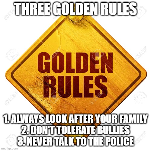 GOLDEN RULES | THREE GOLDEN RULES; 1. ALWAYS LOOK AFTER YOUR FAMILY
2. DON'T TOLERATE BULLIES
3. NEVER TALK TO THE POLICE | image tagged in police brutality | made w/ Imgflip meme maker