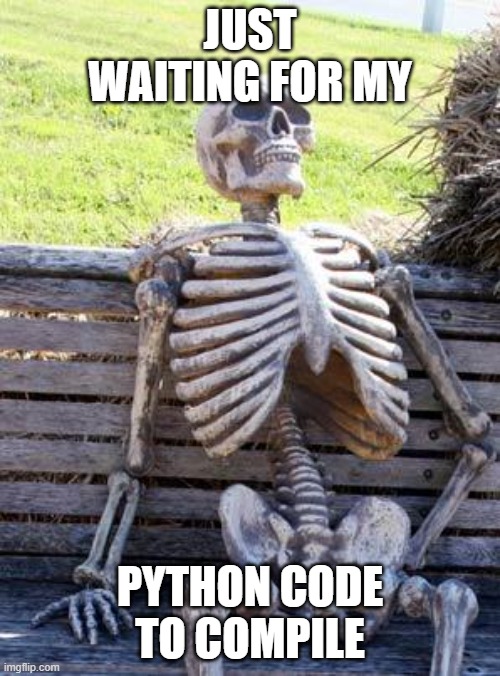 Waiting Skeleton Meme | JUST WAITING FOR MY; PYTHON CODE TO COMPILE | image tagged in memes,waiting skeleton | made w/ Imgflip meme maker