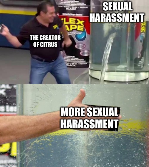 how citrus deals with sexual harassment | SEXUAL HARASSMENT; THE CREATOR OF CITRUS; MORE SEXUAL HARASSMENT | image tagged in flex tape | made w/ Imgflip meme maker