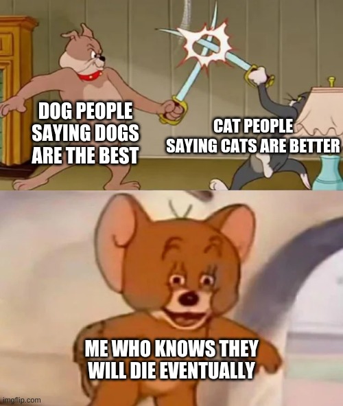 pets aren't immortal lol | DOG PEOPLE SAYING DOGS ARE THE BEST; CAT PEOPLE SAYING CATS ARE BETTER; ME WHO KNOWS THEY WILL DIE EVENTUALLY | image tagged in tom and spike fighting | made w/ Imgflip meme maker