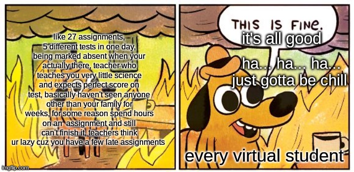 and teachers wonder why we don't like school XD | like 27 assignments, 5 different tests in one day, being marked absent when your actually there, teacher who teaches you very little science and expects perfect score on test, basically haven't seen anyone other than your family for weeks, for some reason spend hours on an  assignment and still can't finish it, teachers think ur lazy cuz you have a few late assignments; it's all good; ha... ha... ha... just gotta be chill; every virtual student | image tagged in memes,this is fine,2020 sucks,covid-19,school,online school | made w/ Imgflip meme maker