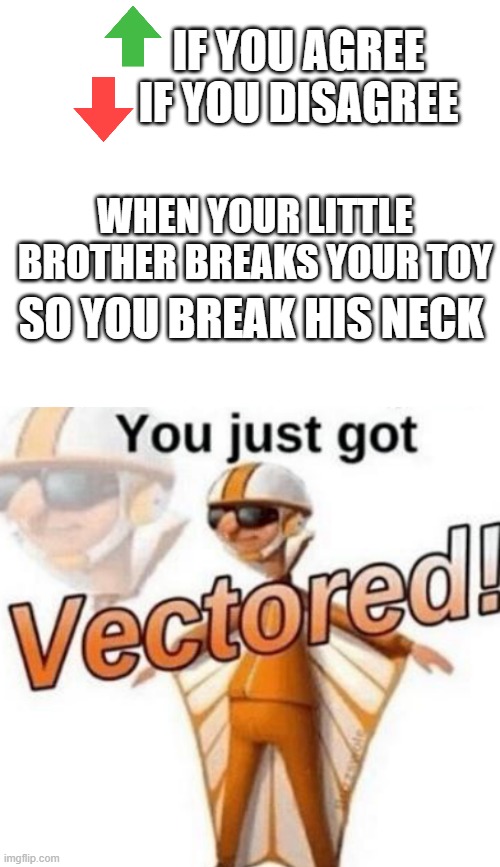 First post | IF YOU AGREE
IF YOU DISAGREE; WHEN YOUR LITTLE BROTHER BREAKS YOUR TOY; SO YOU BREAK HIS NECK | image tagged in you just got vectored,memes,upvote,downvote,little brother,dark humor | made w/ Imgflip meme maker