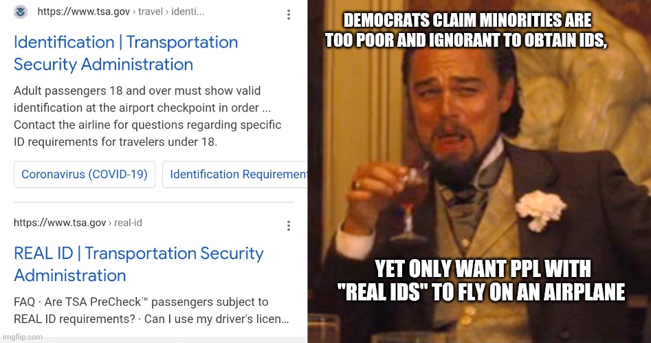Democrats are stupid | DEMOCRATS CLAIM MINORITIES ARE TOO POOR AND IGNORANT TO OBTAIN IDS, YET ONLY WANT PPL WITH "REAL IDS" TO FLY ON AN AIRPLANE | image tagged in memes,laughing leo,democrats,vote,airplane,racist | made w/ Imgflip meme maker